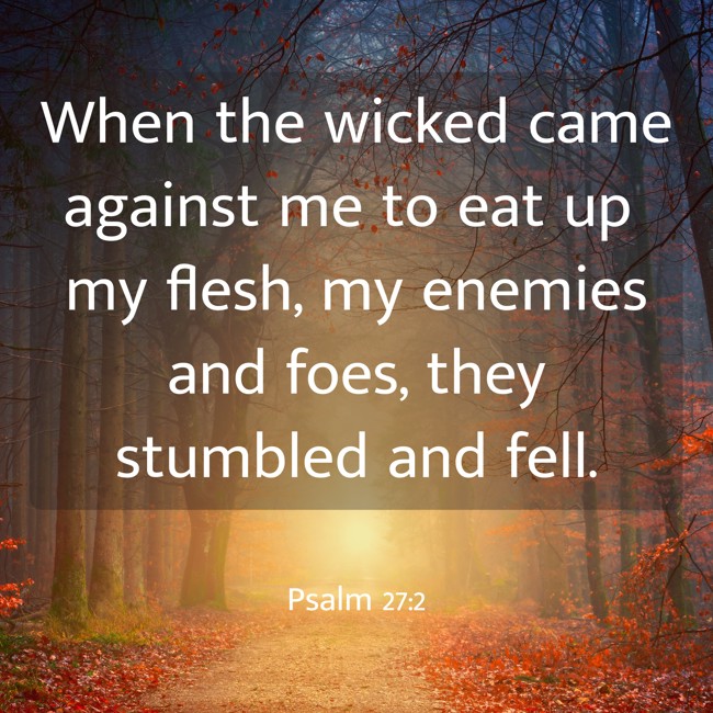 When the wicked came against me to eat up my flesh, my enemies and foes, they stumbled and fell. - Psalm 27:2