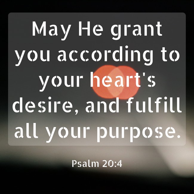 May He grant you according to your heart's desire, and fulfill all your purpose. - Psalm 20:4