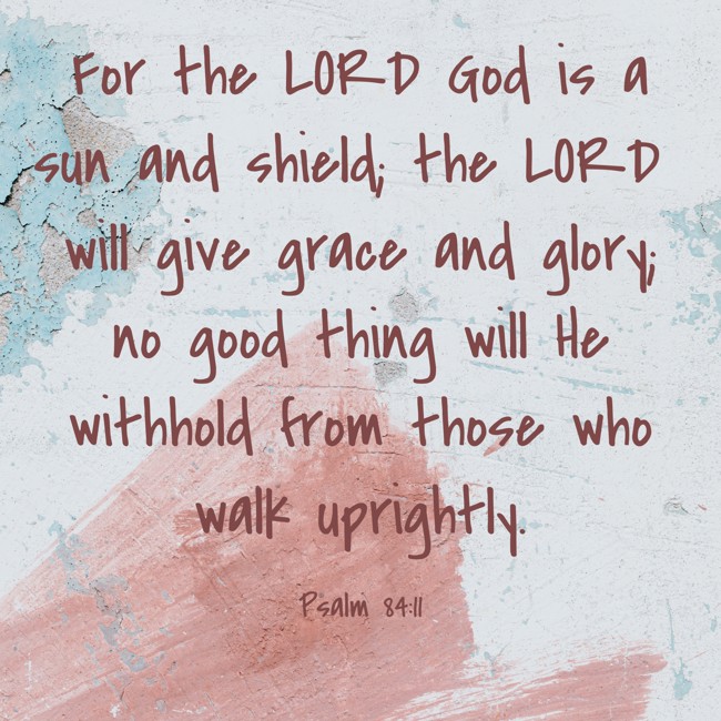 For the LORD God is a sun and shield; the LORD will give grace and glory; no good thing will He withhold from those who walk uprightly. - Psalm 84:11