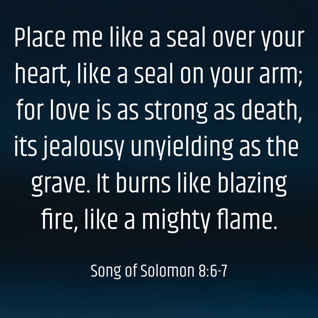 Place me like a seal over your heart, like a seal on your arm; for love is as strong as death, its jealousy unyielding as the grave. It burns like blazing fire, like a mighty flame. - Song of Solomon 8:6-7