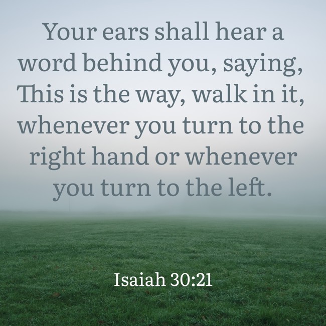 Your ears shall hear a word behind you, saying, This is the way, walk in it, whenever you turn to the right hand or whenever you turn to the left. - Isaiah 30:21