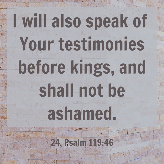 I will also speak of Your testimonies before kings, and shall not be ashamed. - 24. Psalm 119:46