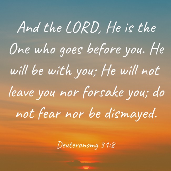 And the LORD, He is the One who goes before you. He will be with you; He will not leave you nor forsake you; do not fear nor be dismayed. - Deuteronomy 31:8