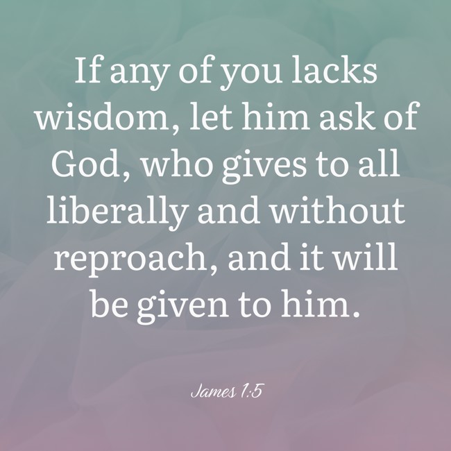 If any of you lacks wisdom, let him ask of God, who gives to all liberally and without reproach, and it will be given to him. - James 1:5