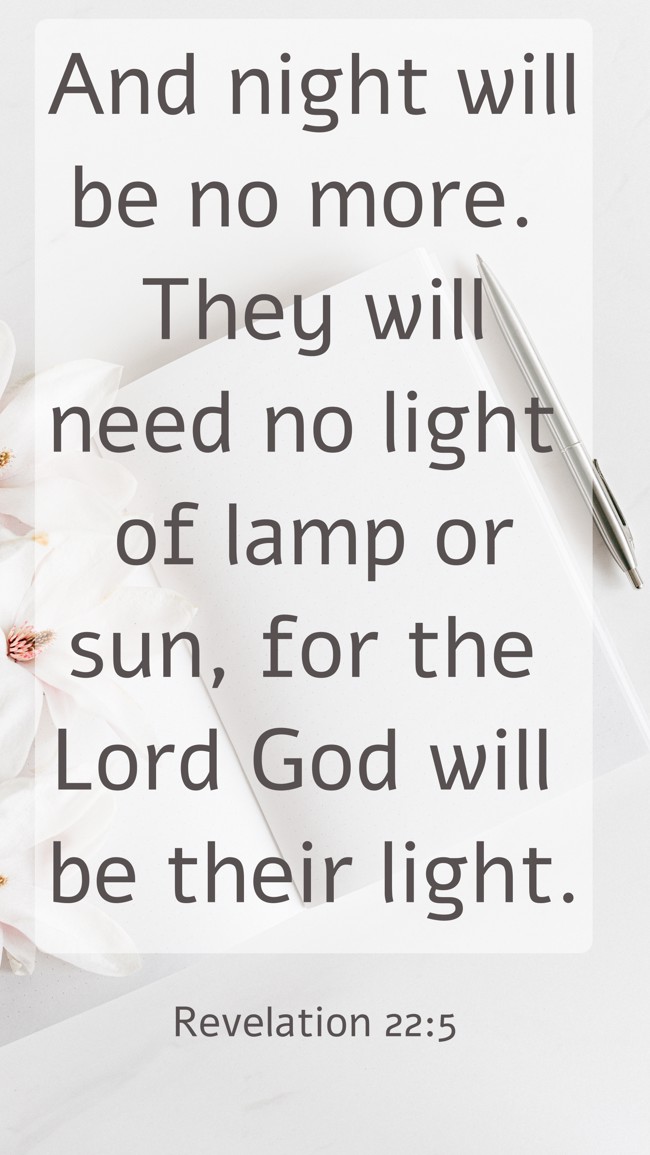And night will be no more. They will need no light of lamp or sun, for the Lord God will be their light. - Revelation 22:5
