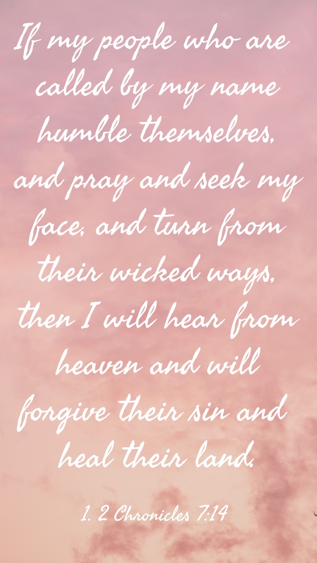 If my people who are called by my name humble themselves, and pray and seek my face, and turn from their wicked ways, then I will hear from heaven and will forgive their sin and heal their land. - 1. 2 Chronicles 7:14