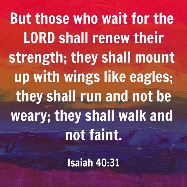 But those who wait for the LORD shall renew their strength; they shall mount up with wings like eagles; they shall run and not be weary; they shall walk and not faint. - Isaiah 40:31