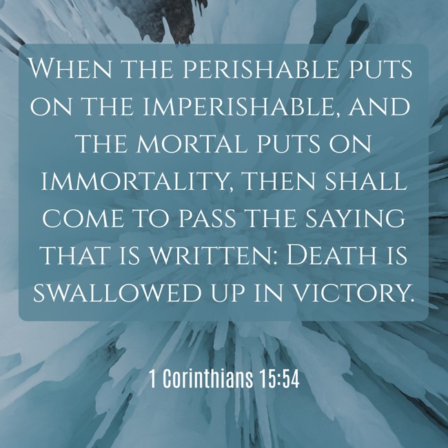 When the perishable puts on the imperishable, and the mortal puts on immortality, then shall come to pass the saying that is written: Death is swallowed up in victory. - 1 Corinthians 15:54