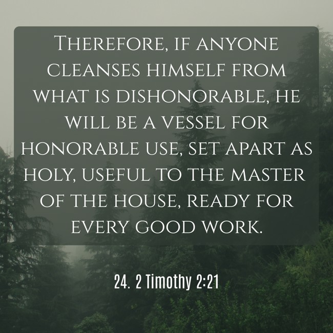 Therefore, if anyone cleanses himself from what is dishonorable, he will be a vessel for honorable use, set apart as holy, useful to the master of the house, ready for every good work. - 24. 2 Timothy 2:21