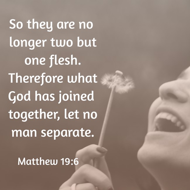 So they are no longer two but one flesh. Therefore what God has joined together, let no man separate. - Matthew 19:6