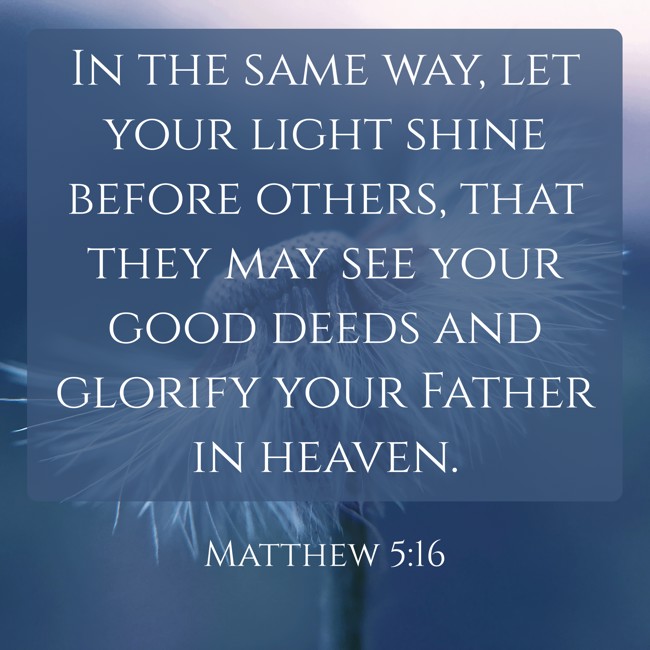 In the same way, let your light shine before others, that they may see your good deeds and glorify your Father in heaven. - Matthew 5:16