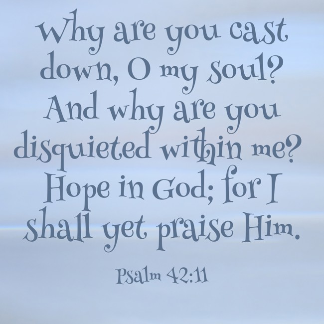 Why are you cast down, O my soul? And why are you disquieted within me? Hope in God; for I shall yet praise Him. - Psalm 42:11
