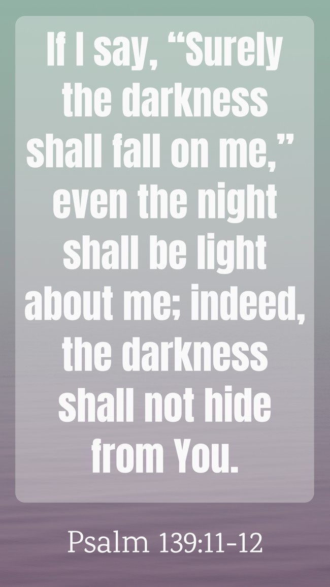 If I say, “Surely the darkness shall fall on me,” even the night shall be light about me; indeed, the darkness shall not hide from You. - Psalm 139:11-12