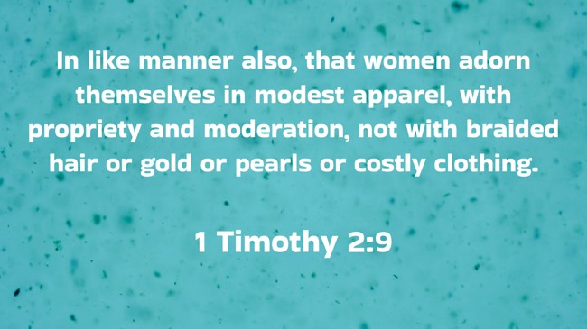  In like manner also, that women adorn themselves in modest apparel, with propriety and moderation, not with braided hair or gold or pearls or costly clothing.   - 1 Timothy 2:9 