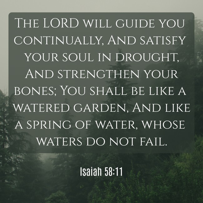 The LORD will guide you continually, And satisfy your soul in drought, And strengthen your bones; You shall be like a watered garden, And like a spring of water, whose waters do not fail. - Isaiah 58:11