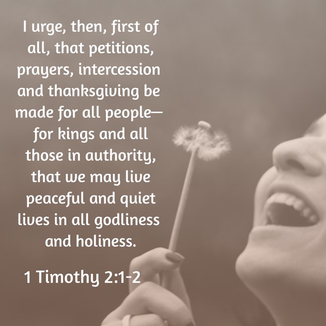 I urge, then, first of all, that petitions, prayers, intercession and thanksgiving be made for all people— for kings and all those in authority, that we may live peaceful and quiet lives in all godliness and holiness. - 1 Timothy 2:1-2