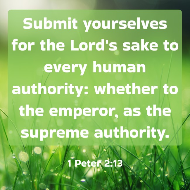 Submit yourselves for the Lord's sake to every human authority: whether to the emperor, as the supreme authority. - 1 Peter 2:13