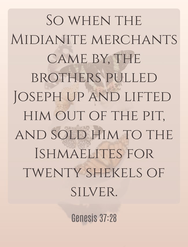 So when the Midianite merchants came by, the brothers pulled Joseph up and lifted him out of the pit, and sold him to the Ishmaelites for twenty shekels of silver. - Genesis 37:28
