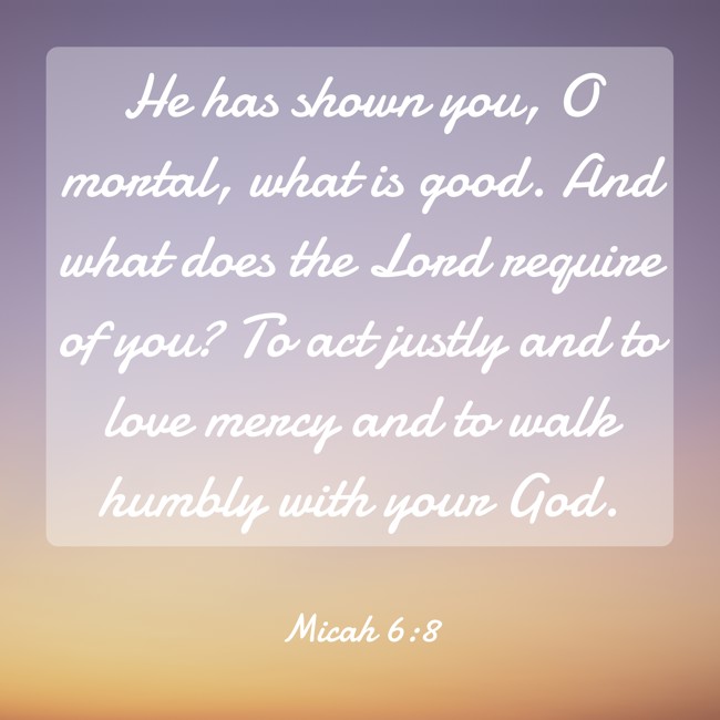 He has shown you, O mortal, what is good. And what does the Lord require of you? To act justly and to love mercy and to walk humbly with your God. - Micah 6:8