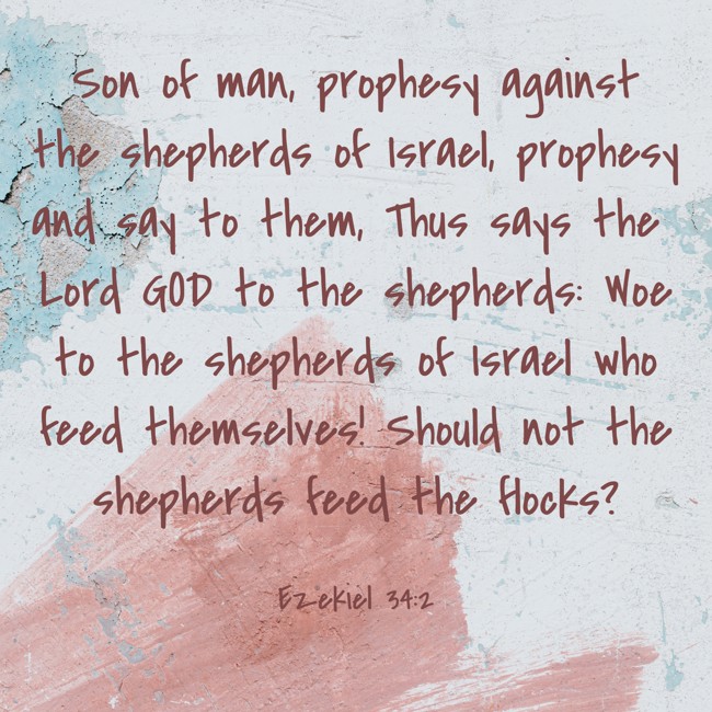 Son of man, prophesy against the shepherds of Israel, prophesy and say to them, Thus says the Lord GOD to the shepherds: Woe to the shepherds of Israel who feed themselves! Should not the shepherds feed the flocks? - Ezekiel 34:2