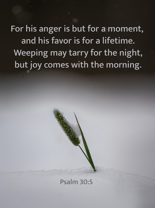 For his anger is but for a moment, and his favor is for a lifetime. Weeping may tarry for the night, but joy comes with the morning. - Psalm 30:5
