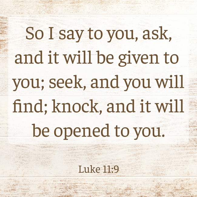 So I say to you, ask, and it will be given to you; seek, and you will find; knock, and it will be opened to you. - Luke 11:9