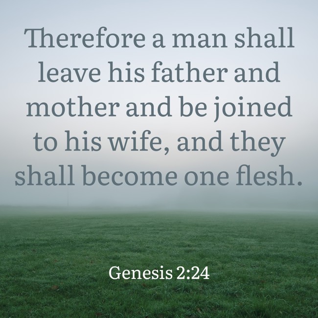 Therefore a man shall leave his father and mother and be joined to his wife, and they shall become one flesh. - Genesis 2:24