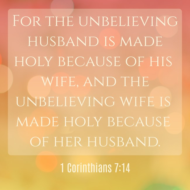 For the unbelieving husband is made holy because of his wife, and the unbelieving wife is made holy because of her husband. - 1 Corinthians 7:14