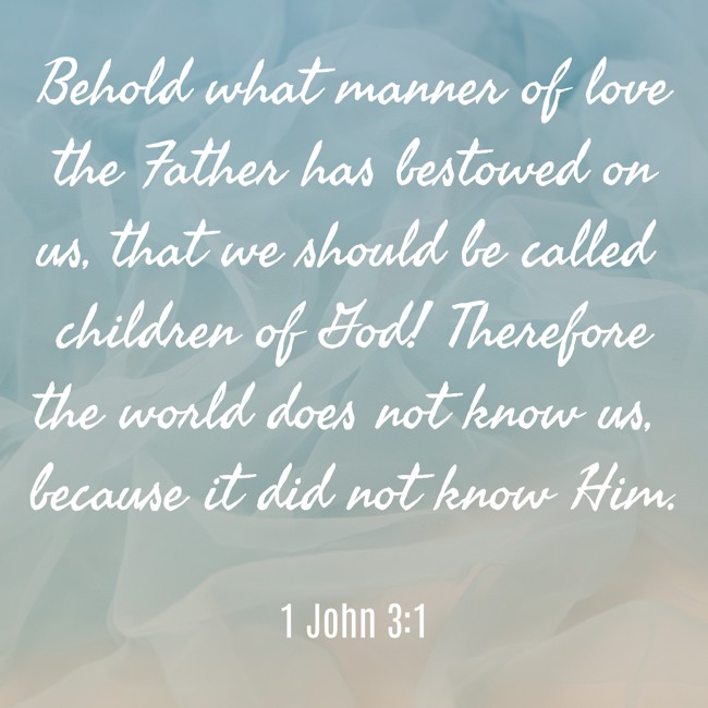 Behold what manner of love the Father has bestowed on us, that we should be called children of God! Therefore the world does not know us, because it did not know Him. - 1 John 3:1