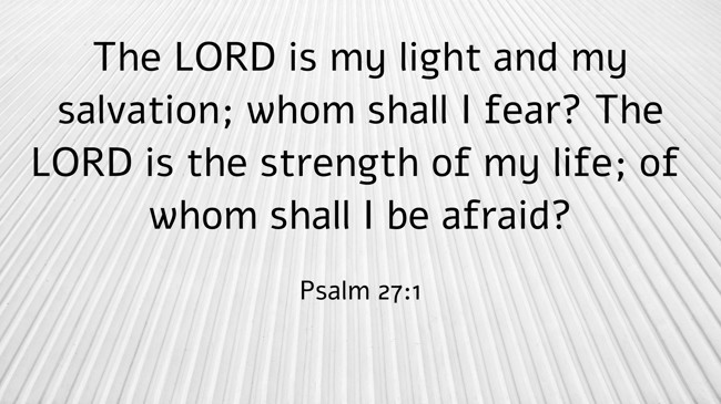 The LORD is my light and my salvation; whom shall I fear? The LORD is the strength of my life; of whom shall I be afraid? - Psalm 27:1