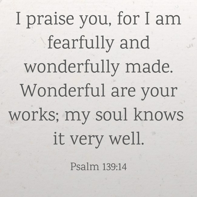I praise you, for I am fearfully and wonderfully made. Wonderful are your works; my soul knows it very well. - Psalm 139:14