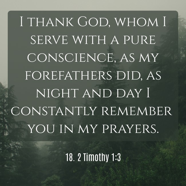 I thank God, whom I serve with a pure conscience, as my forefathers did, as night and day I constantly remember you in my prayers. - 18. 2 Timothy 1:3