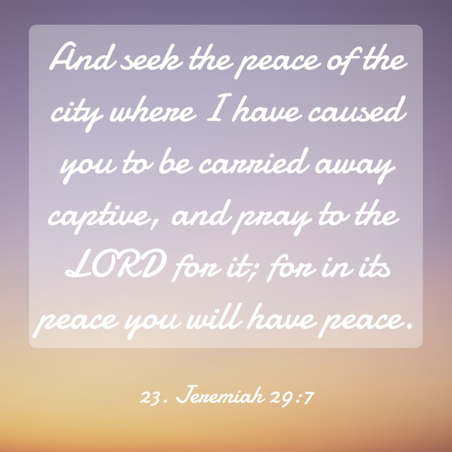 And seek the peace of the city where I have caused you to be carried away captive, and pray to the LORD for it; for in its peace you will have peace. - 23. Jeremiah 29:7