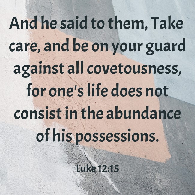 And he said to them, Take care, and be on your guard against all covetousness, for one's life does not consist in the abundance of his possessions. - Luke 12:15