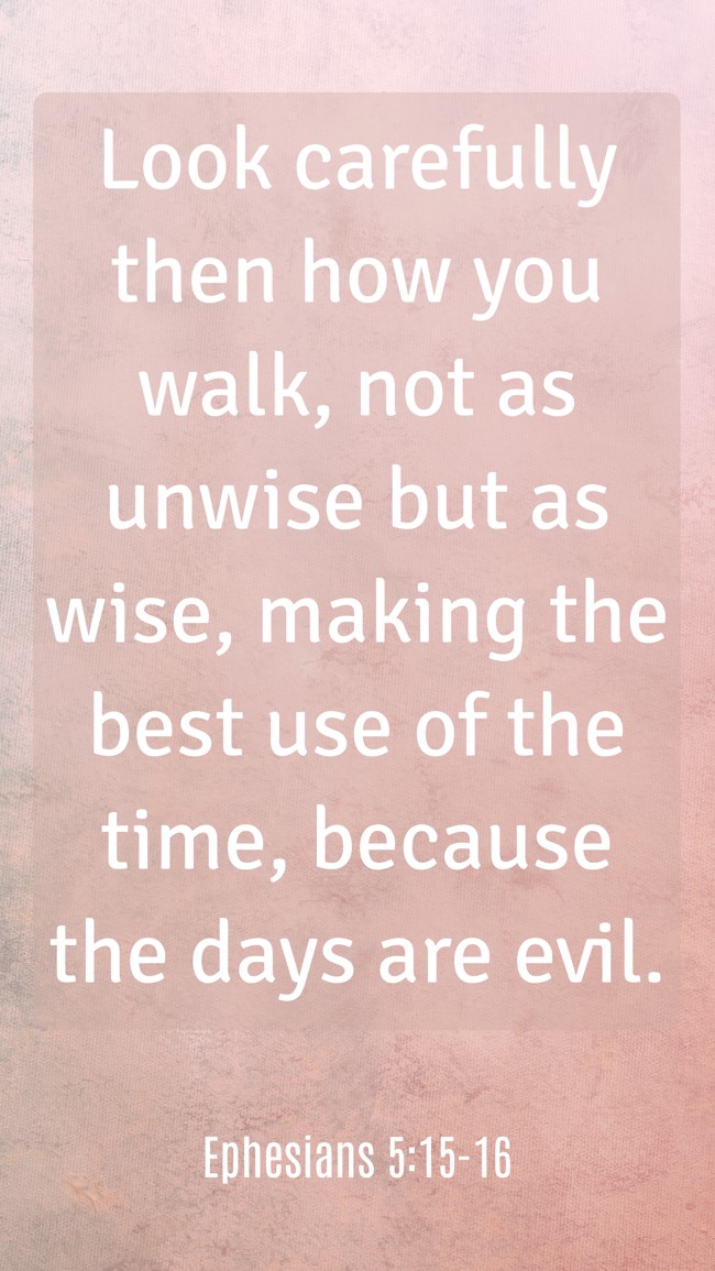 Look carefully then how you walk, not as unwise but as wise, making the best use of the time, because the days are evil. - Ephesians 5:15-16