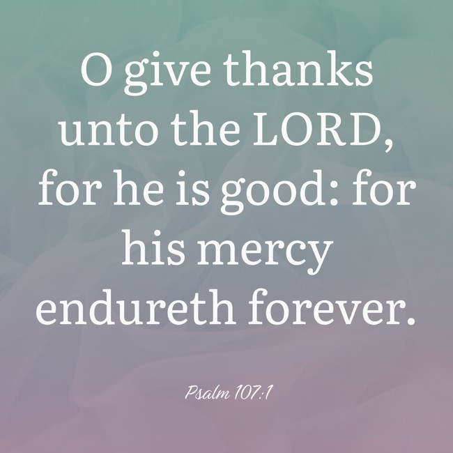 O give thanks unto the LORD, for he is good: for his mercy endureth forever. - Psalm 107:1