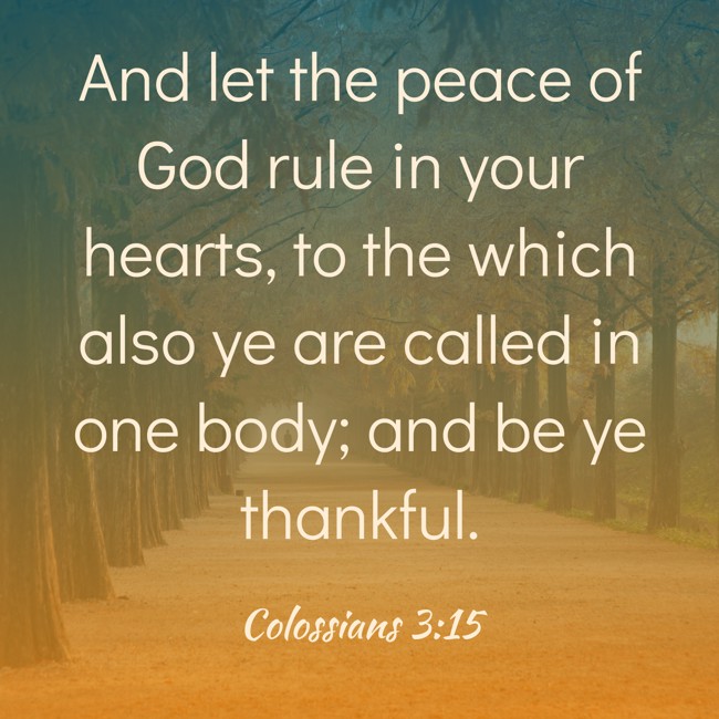 And let the peace of God rule in your hearts, to the which also ye are called in one body; and be ye thankful. - Colossians 3:15