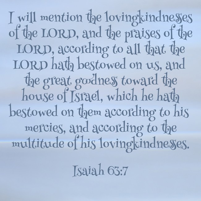 I will mention the lovingkindnesses of the LORD, and the praises of the LORD, according to all that the LORD hath bestowed on us, and the great goodness toward the house of Israel, which he hath bestowed on them according to his mercies, and according to the multitude of his lovingkindnesses. - Isaiah 63:7