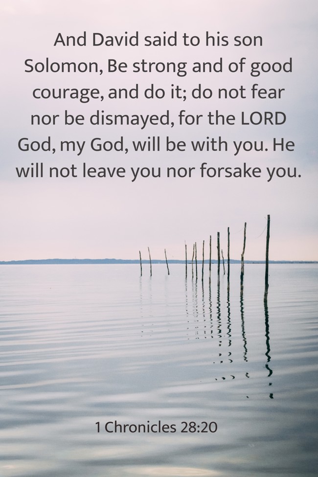 And David said to his son Solomon, Be strong and of good courage, and do it; do not fear nor be dismayed, for the LORD God, my God, will be with you. He will not leave you nor forsake you. - 1 Chronicles 28:20