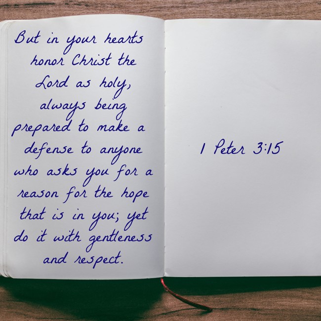  But in your hearts honor Christ the Lord as holy, always being prepared to make a defense to anyone who asks you for a reason for the hope that is in you; yet do it with gentleness and respect.   - 1 Peter 3:15 