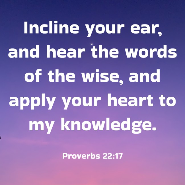  Incline your ear, and hear the words of the wise, and apply your heart to my knowledge.   - Proverbs 22:17 