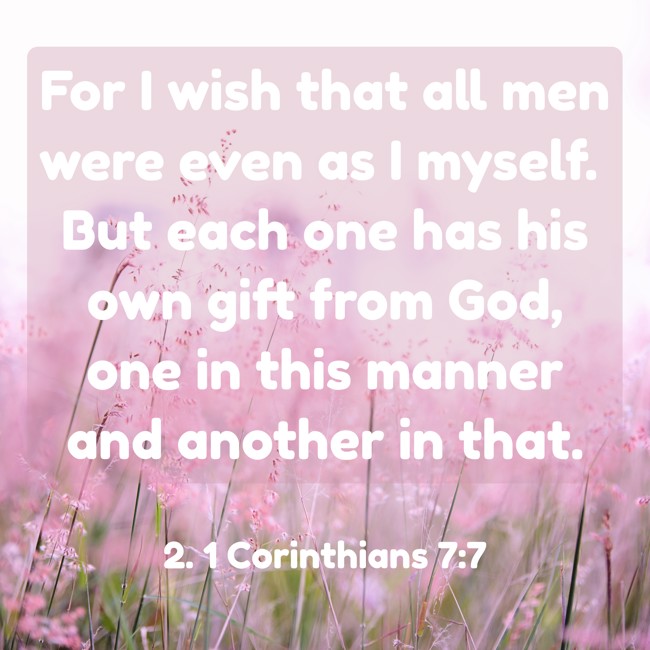 For I wish that all men were even as I myself. But each one has his own gift from God, one in this manner and another in that. - 2. 1 Corinthians 7:7