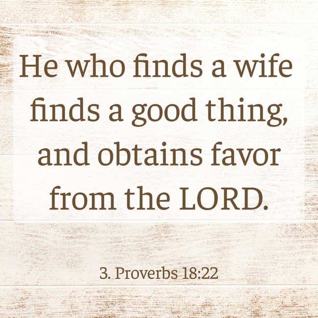 He who finds a wife finds a good thing, and obtains favor from the LORD. - 3. Proverbs 18:22
