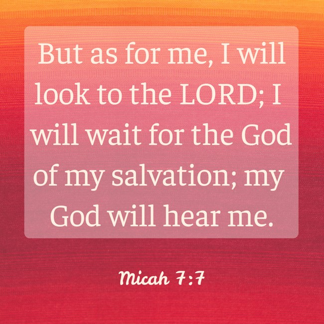 But as for me, I will look to the LORD; I will wait for the God of my salvation; my God will hear me. - Micah 7:7