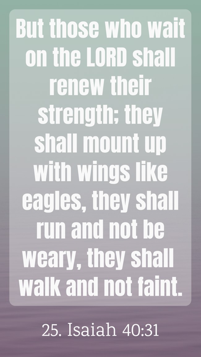 But those who wait on the LORD shall renew their strength; they shall mount up with wings like eagles, they shall run and not be weary, they shall walk and not faint. - 25. Isaiah 40:31