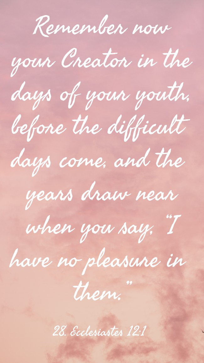 Remember now your Creator in the days of your youth, before the difficult days come, and the years draw near when you say, “I have no pleasure in them.” - 28. Ecclesiastes 12:1