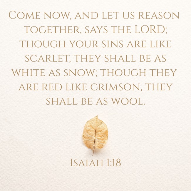 Come now, and let us reason together, says the LORD; though your sins are like scarlet, they shall be as white as snow; though they are red like crimson, they shall be as wool. - Isaiah 1:18