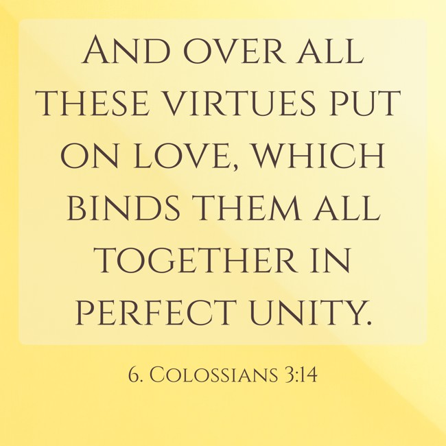 And over all these virtues put on love, which binds them all together in perfect unity. - 6. Colossians 3:14