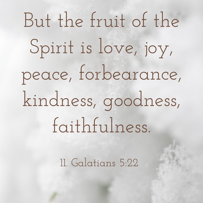 But the fruit of the Spirit is love, joy, peace, forbearance, kindness, goodness, faithfulness. - 11. Galatians 5:22