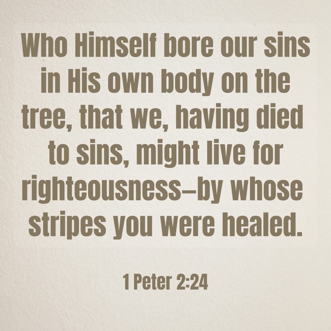 Who Himself bore our sins in His own body on the tree, that we, having died to sins, might live for righteousness—by whose stripes you were healed. - 1 Peter 2:24